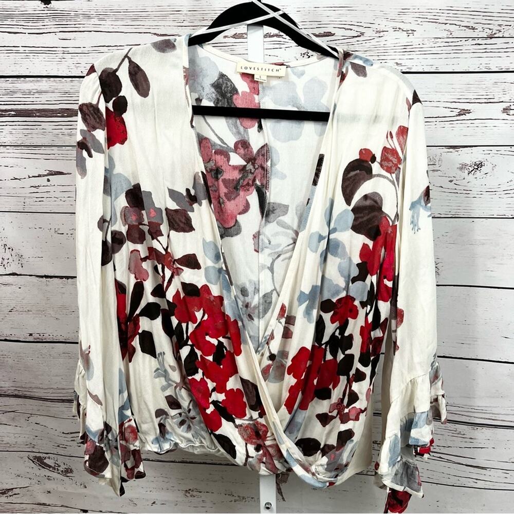Lovestitch Wrap Blouse White Red and Gray Floral Print Large